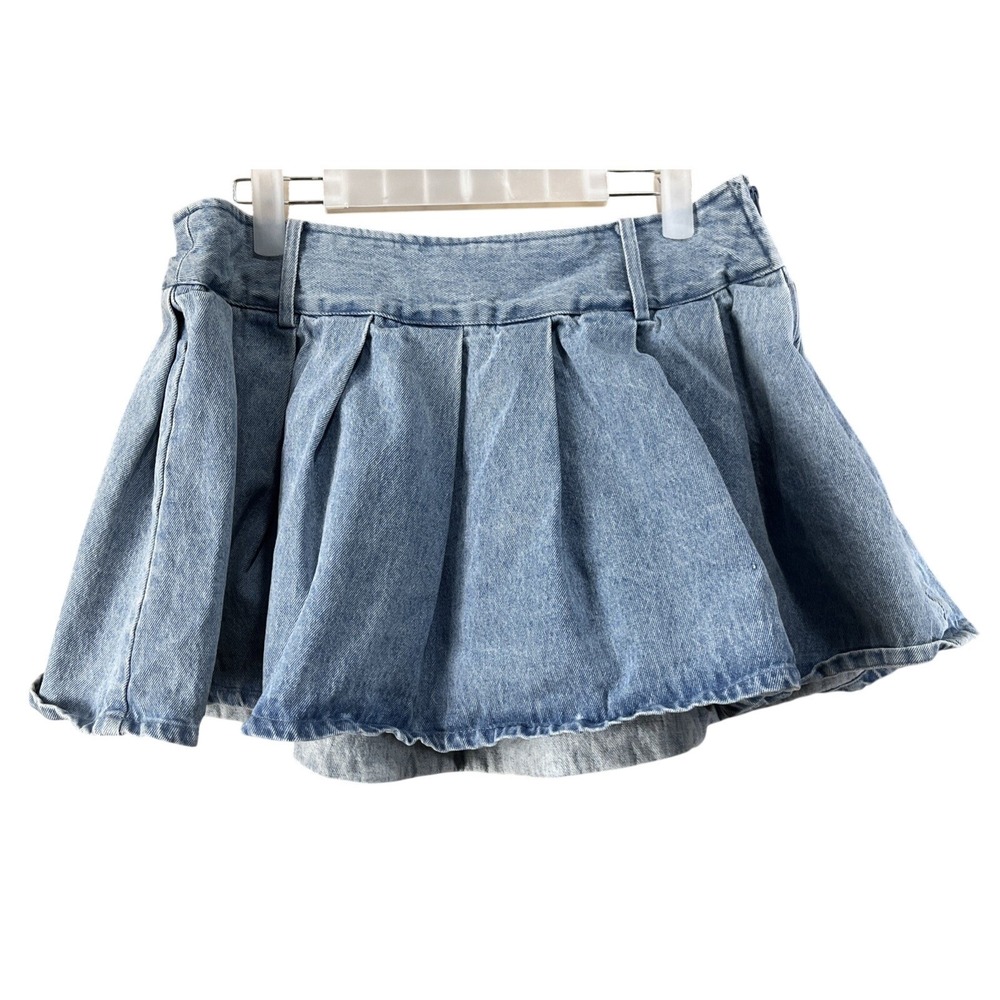 Social Collision Skirt Womens Light Blue Denim Pleated Skater Mini Y2K Punk Emo